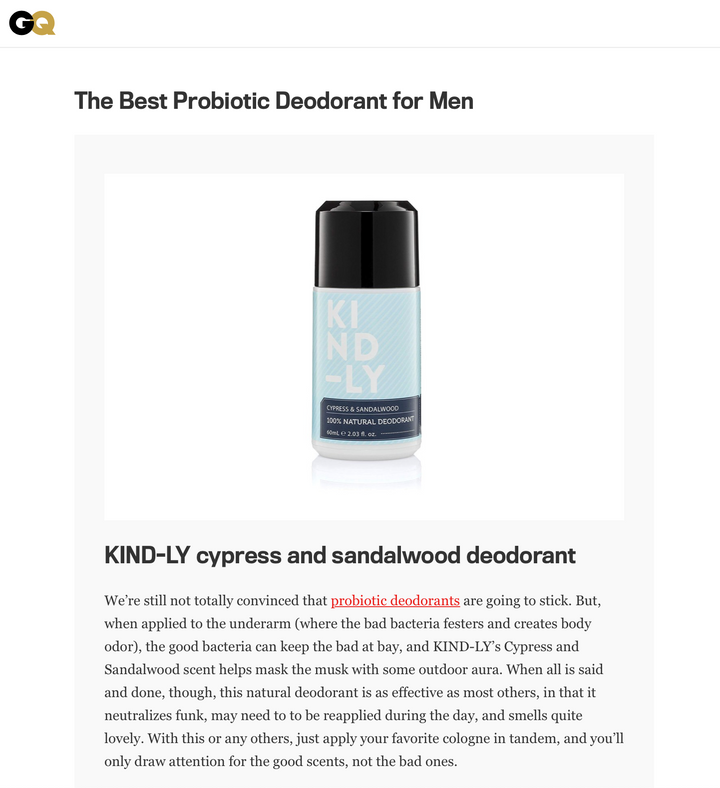 GQ Magazine Best Probiotic Natural Deodorant For Men. KIND-LY Cypress Sandalwood Natural Deodorant