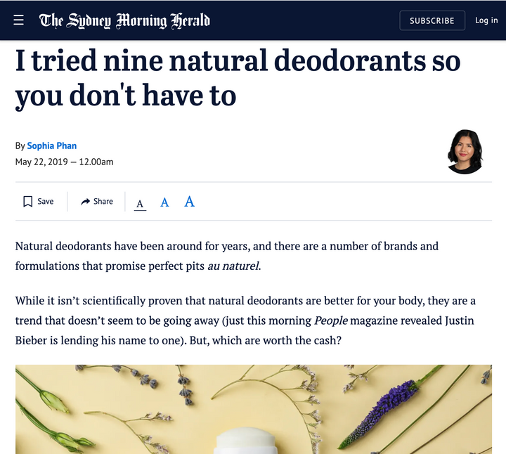 Sydney Morning Herald: I Tried 9 Natural Deodorants So You Don't Have To